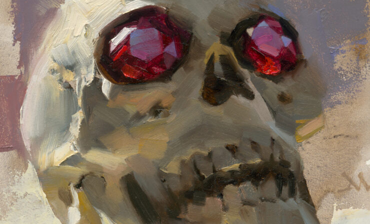 An illustration of a skull with gleaming rubies for eyes.