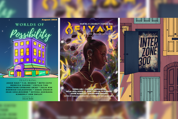 Covers of three short fiction magazines: Worlds of Possibility, FIYAH, and Interzone