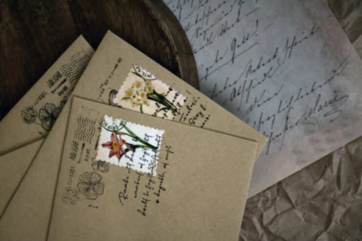 Photo of a handwritten letter and several stamped envelopes.