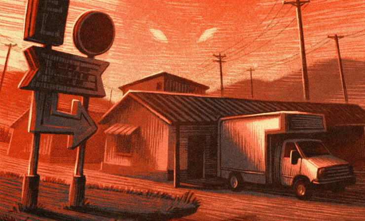 An illustration of a ghostly antlered creature with glowing yellow eyes overlooking a roadside motel.