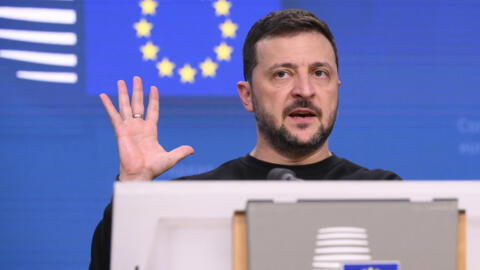 Ukrainian President Volodymyr Zelensky gives a press conference on the sidelines of the EU summit in Brussels, October 17, 2024.