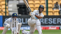 Rachin Ravindra plays a shot during the third day of the first Test