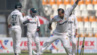 Pakistan's Noman Ali celebrates after the dismissal of England captain Ben Stokes