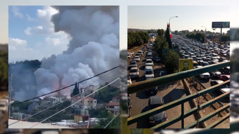 The screengrab at left shows an Israeli strike on southern Lebanon, while the one at the right shows traffic jams south of Beirut as people fled en masse from affected areas on September 23, 2024.