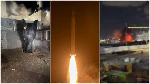 Left: Debris of a hypersonic missile booster found in Israel following the October 1, 2024 attack by Iran. Middle:  Propaganda image published by Iran's IRGC showing the launch of an Emad ballistic missile toward Israel. Right: A suspected hypersonic missile hit a target in the north of Tel Aviv.