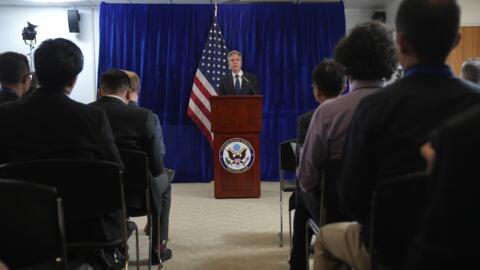 Le secrétaire d'État américain Antony Blinken devant la presse en marge du sommet de l'Asean à Ventiane au Laos, le 11 octobre 2024.