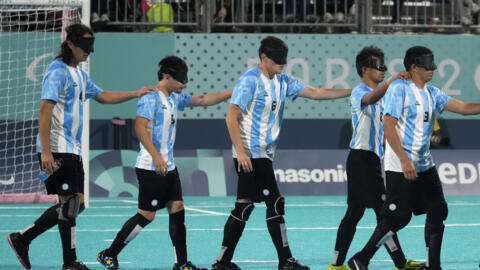 Argentina players get ready for the penalty shootout during the semifinal blind football match between Argentina and Brazil at the 2024 Paralympics, Thursday, Sept. 5, 2024, in Paris, France. (AP Phot