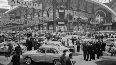 Visitors look at car models displayed at the Grand Palais in Paris on October 02, 1959, during the 46th Paris Motor Show. The Paris Motor Show was created in 1898 and is the oldest and the most visite