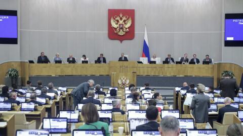 In this photo released by The State Duma, Lower House of the Russian Parliament Press Service, a view of a session of the State Duma, in Moscow, Russia, Wednesday, Sept. 25, 2024.