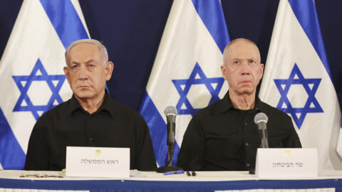 Israeli Prime Minister Benjamin Netanyahu and Defence Minister Yoav Gallant pictured at a press conference in the Kirya military base in Tel Aviv, Israel, 28 October 2023.