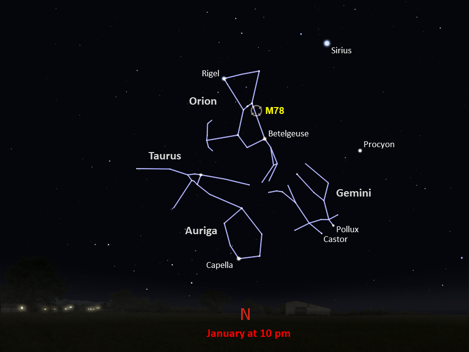 This Southern Hemisphere star chart shows the location of Messier 78 in the northern part of night sky at 10pm in January.