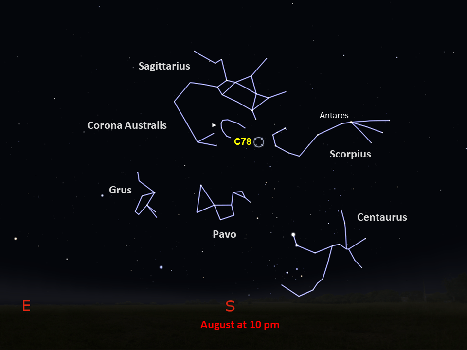 Star chart for Caldwell 78 showing the outlines of constellations and the location of C78.