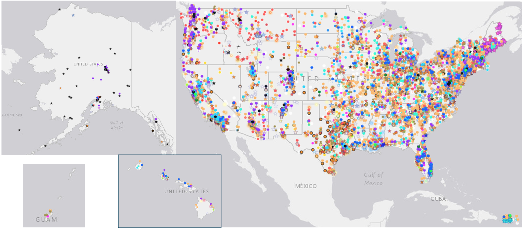 Screenshot of lower 48 states with Puerto Rico and the Virgin Islands with insets of Alaska, Hawaii and Guam. Colorful dots show the locations of Science Activation project activities across these locations