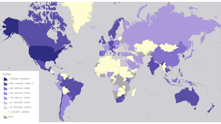 Color coded world map showing the country level reach of Science Activation in 2023