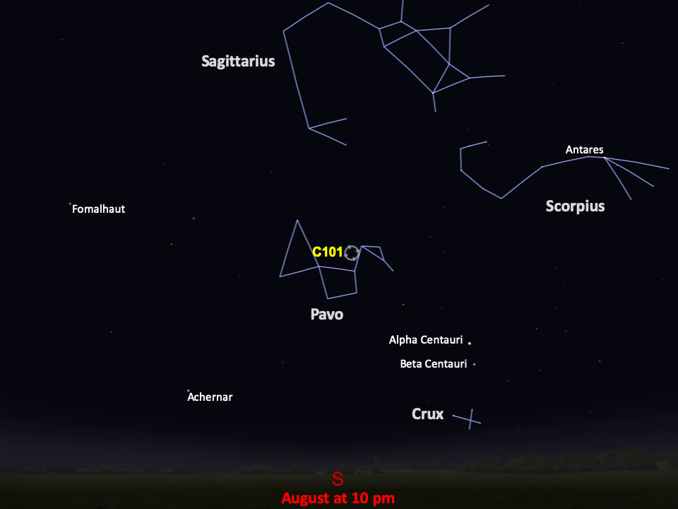 Line drawings of constellations pinpoint the location of Caldwell 101.