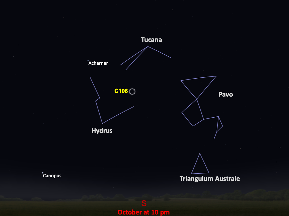 Line drawings of constellations pinpoint the location of Caldwell 106.