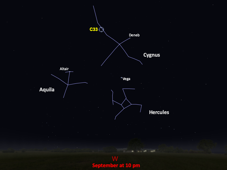 Line drawings of constellations pinpoint the location of Caldwell 33