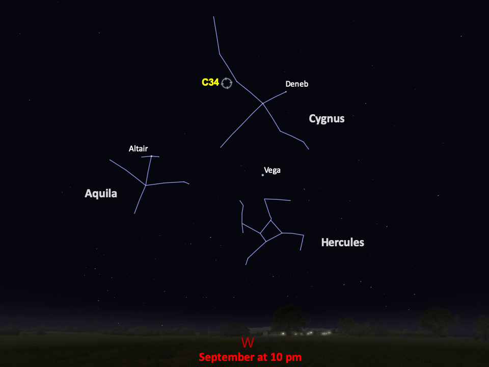 Line drawings of constellations pinpoint the location of Caldwell 34