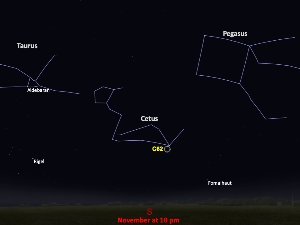 A star chart shows C62 below the constellation Cetus on the right, in the southern night sky in November at 10pm.