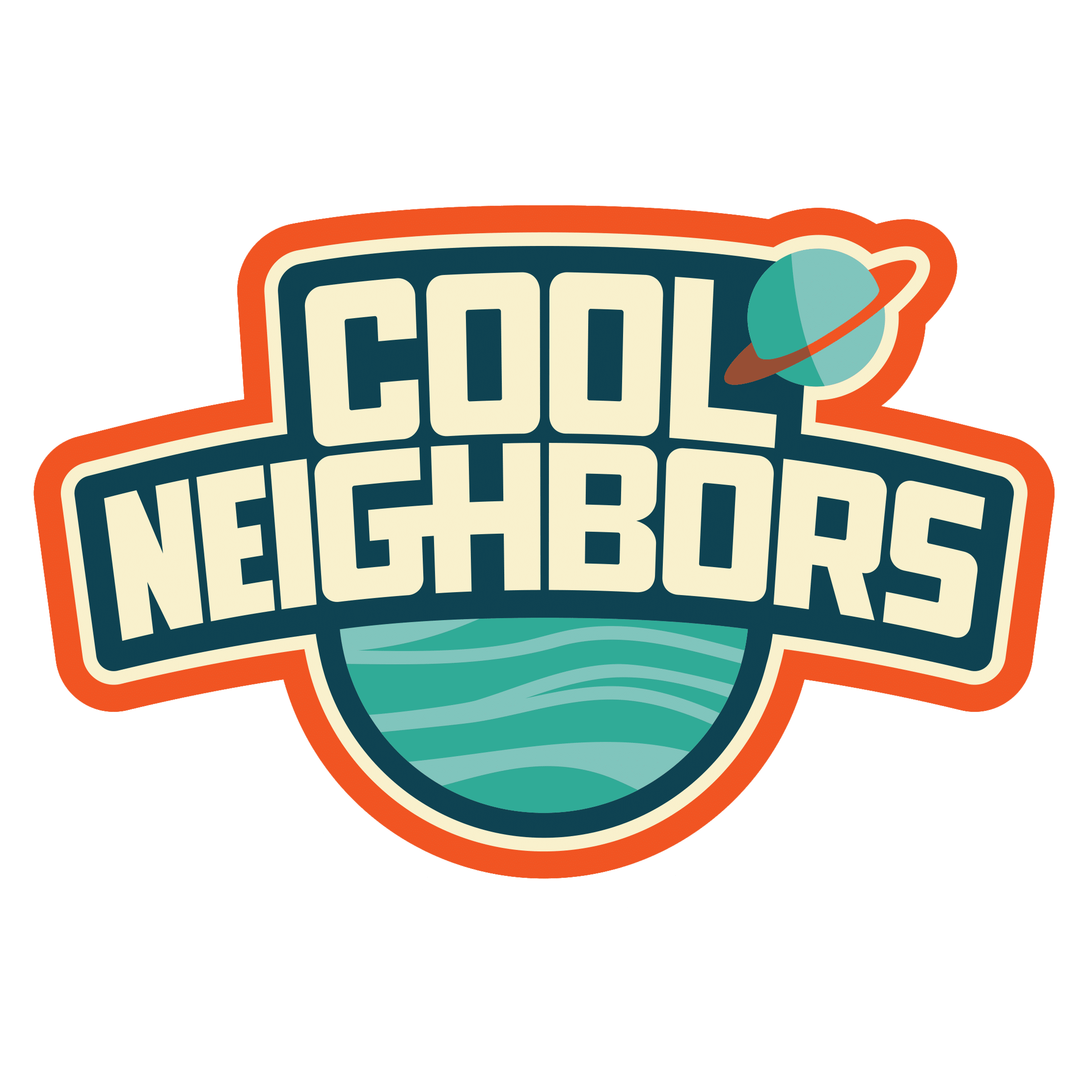 Puffy text in cream reads Cool Neighbors and sits on top of a cartoon style planet with another planet in the upper right corner. The logo is surrounded by a thick orange stroke line.