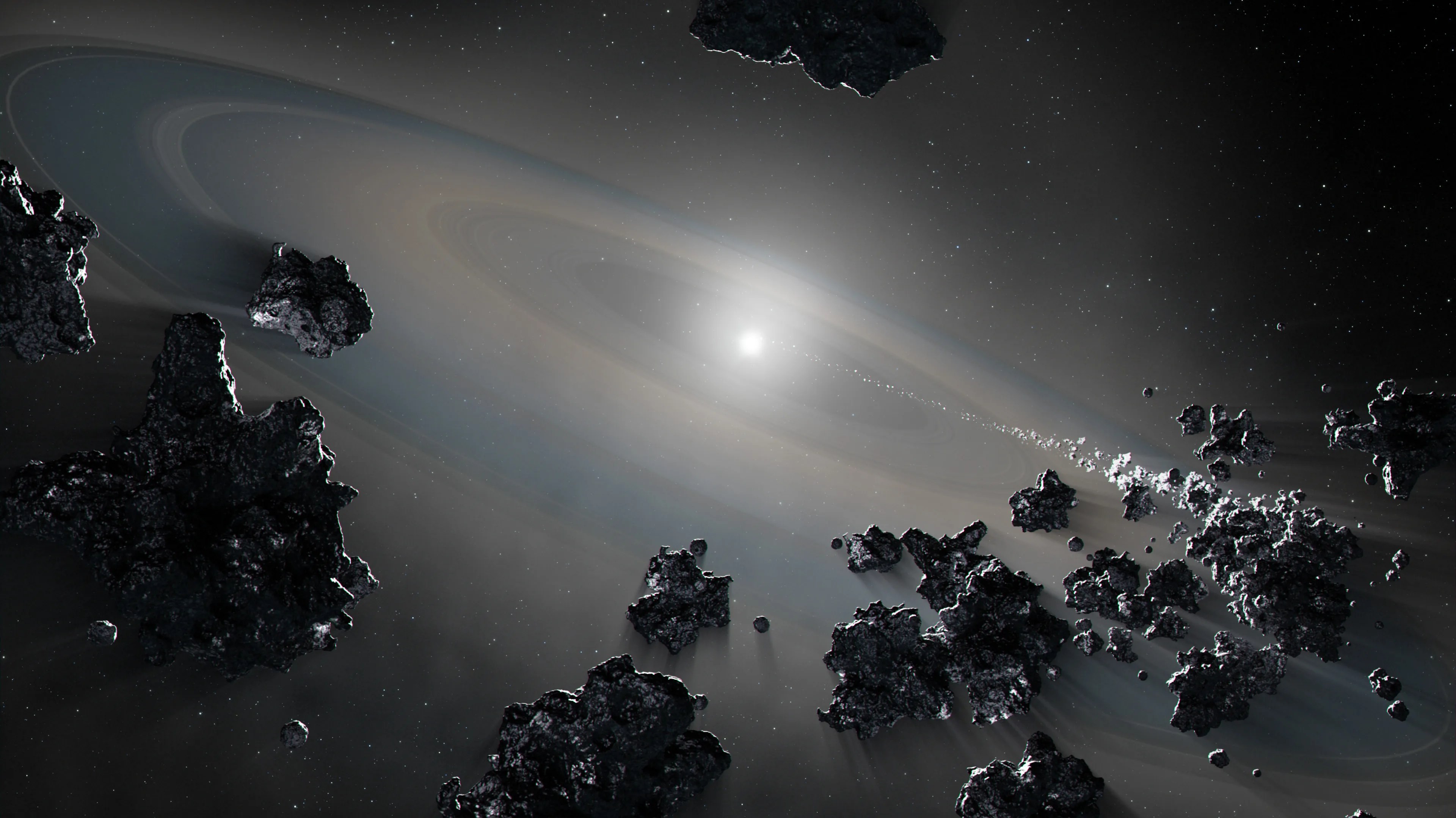 Bright white dwarf star at center of the image, a disk of dust and rocks encircles it, black chunks of rock in the foreground and off to the right swirl into the white dwarf star at center