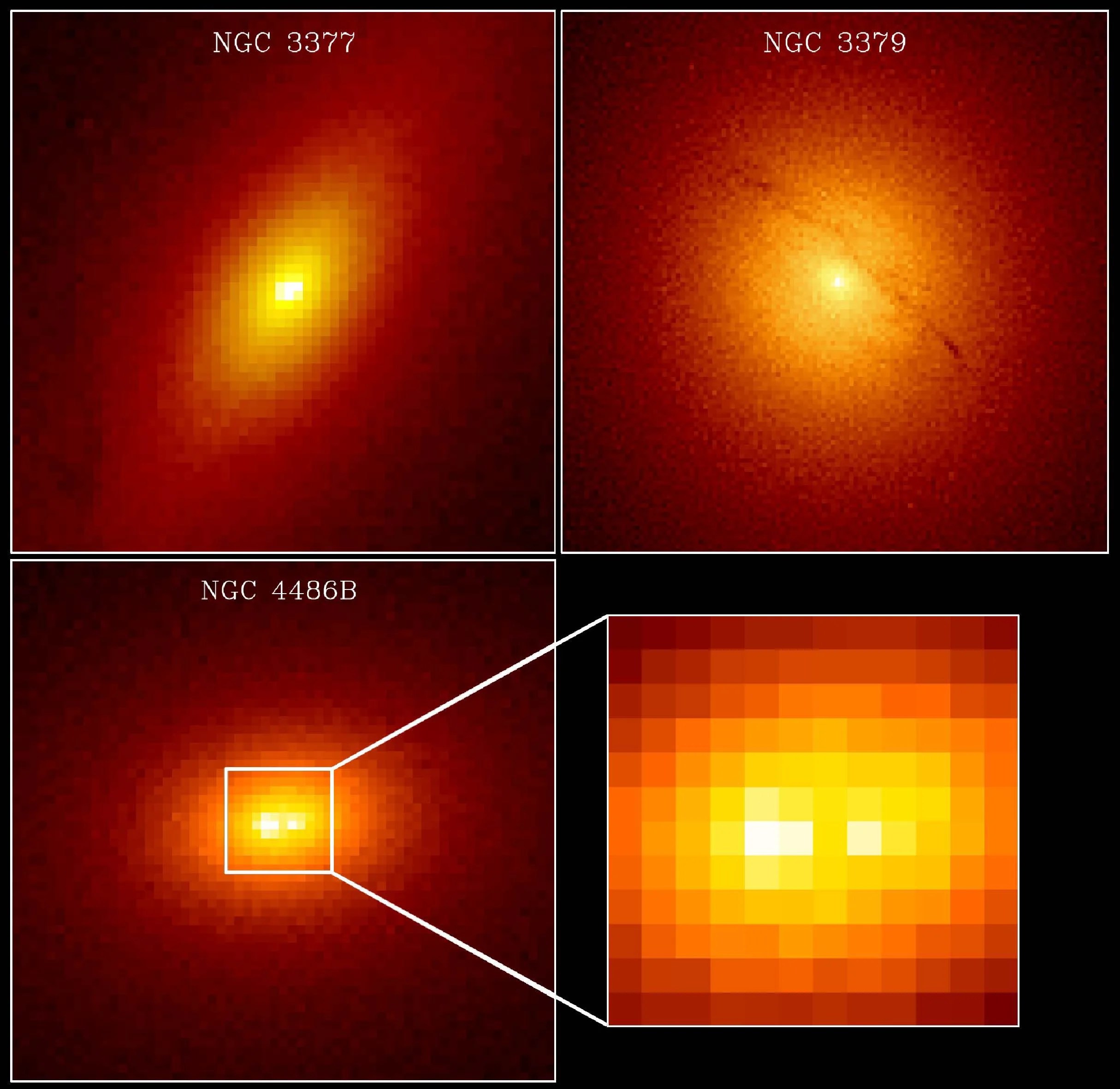 Four quadrants. The upper two hold images of the galaxies NGC 3377 (left) and NGC 3379 (right). The bottom left quadrant holds and image of the galaxy NGC 4486B. The lower-right quadrant shows an expanded view of NGC 4486B's center. Each image holds a bright-yellow core surrounded by more diffuse a yellow, then orange, and later red glow.