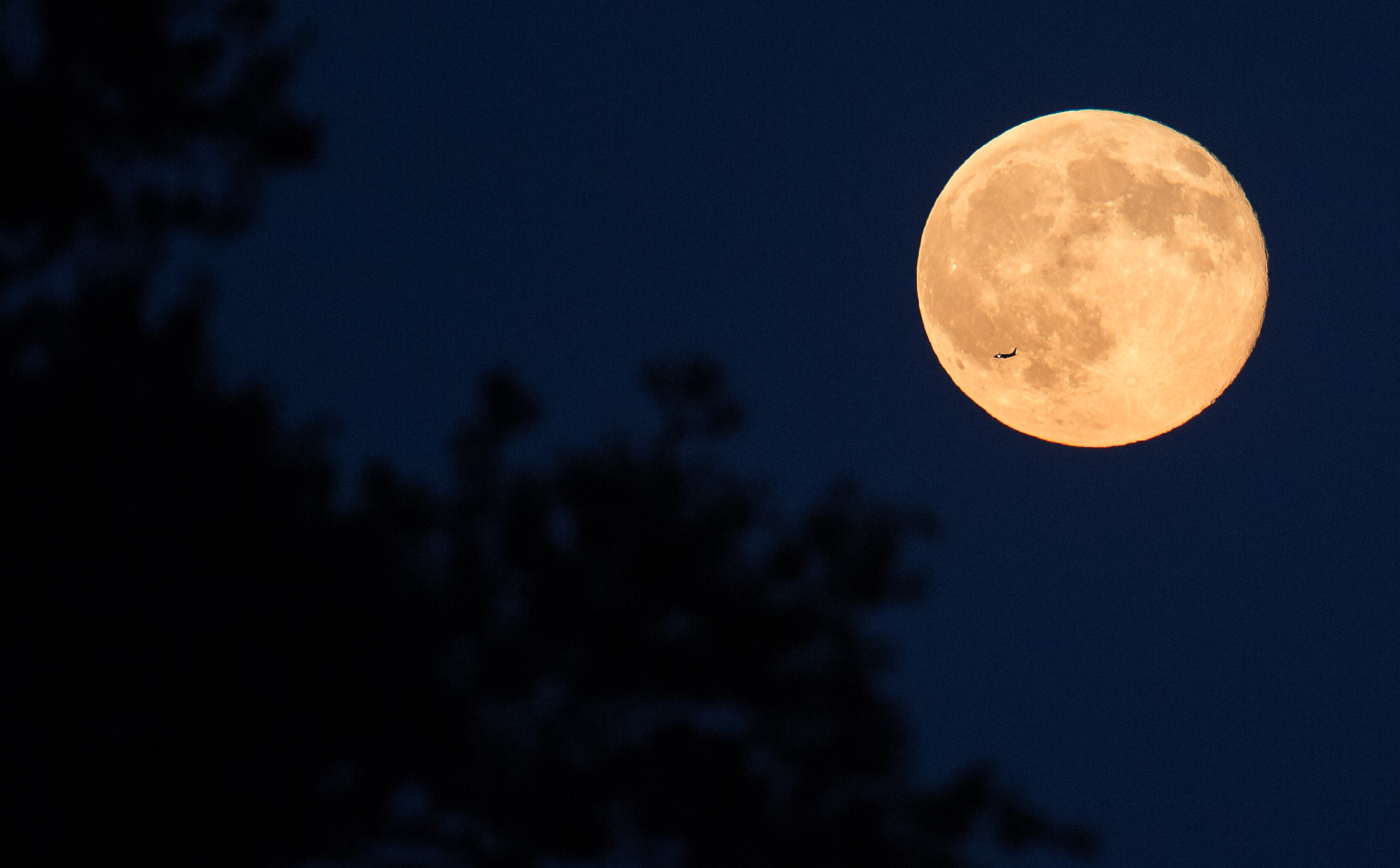 A plane can be seen flying in front of the full Moon.