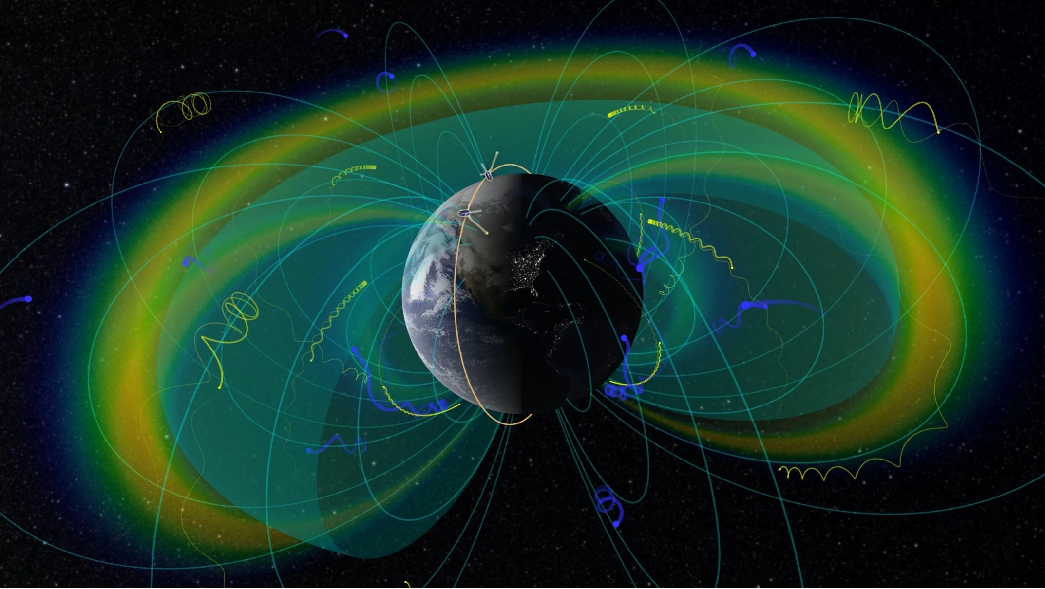 Image of earth surrounded by yellow, light green and blue lines representing the Van Allen Belts