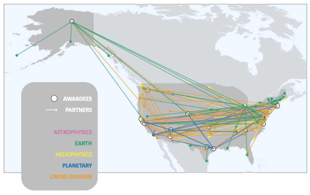 Illustration of US Map with color coded connection lines representing Science Activation partners