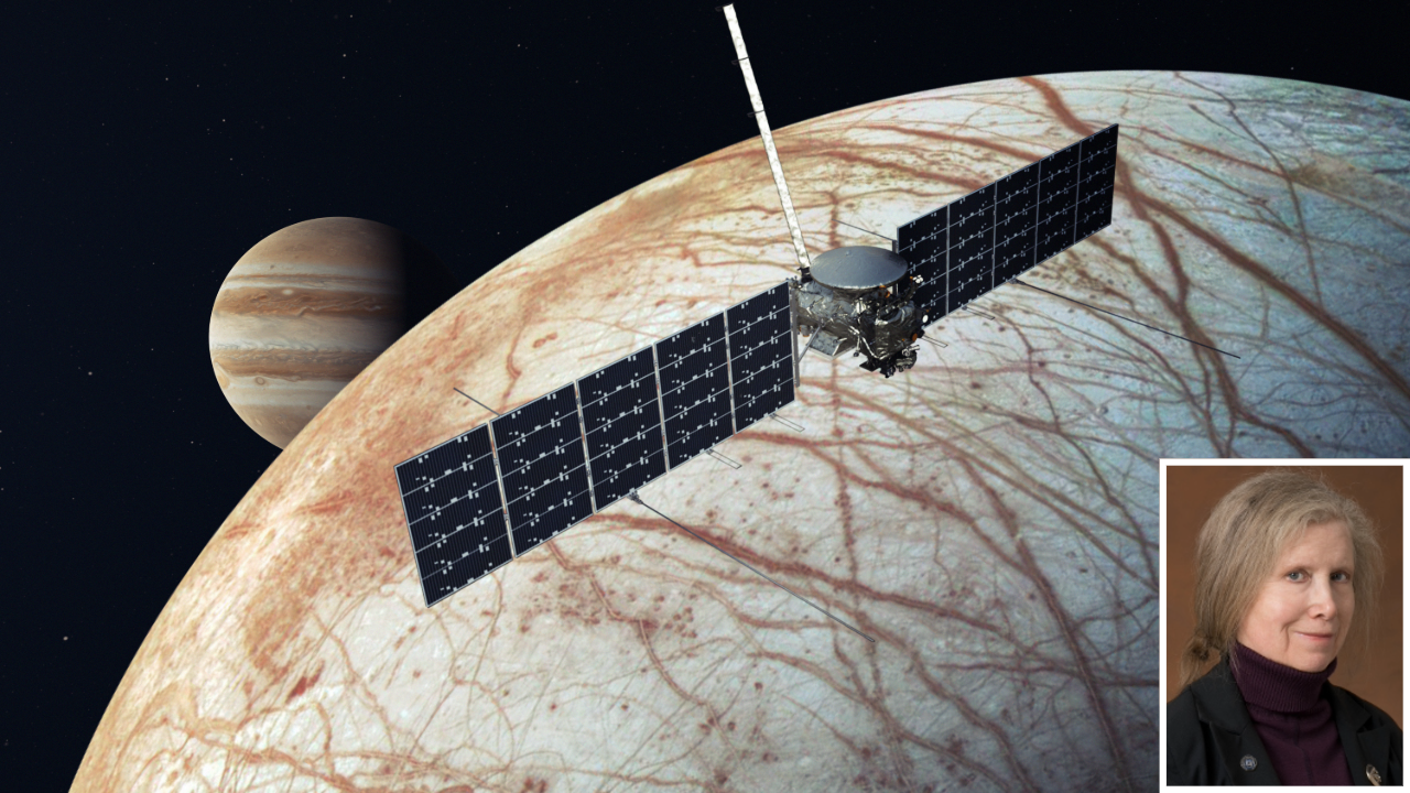 Artist rendition of the Europa Clipper probe with brown-striped Europa in the foregound, and Jupiter in the far background. An image of the speaker in the bottom right corner.