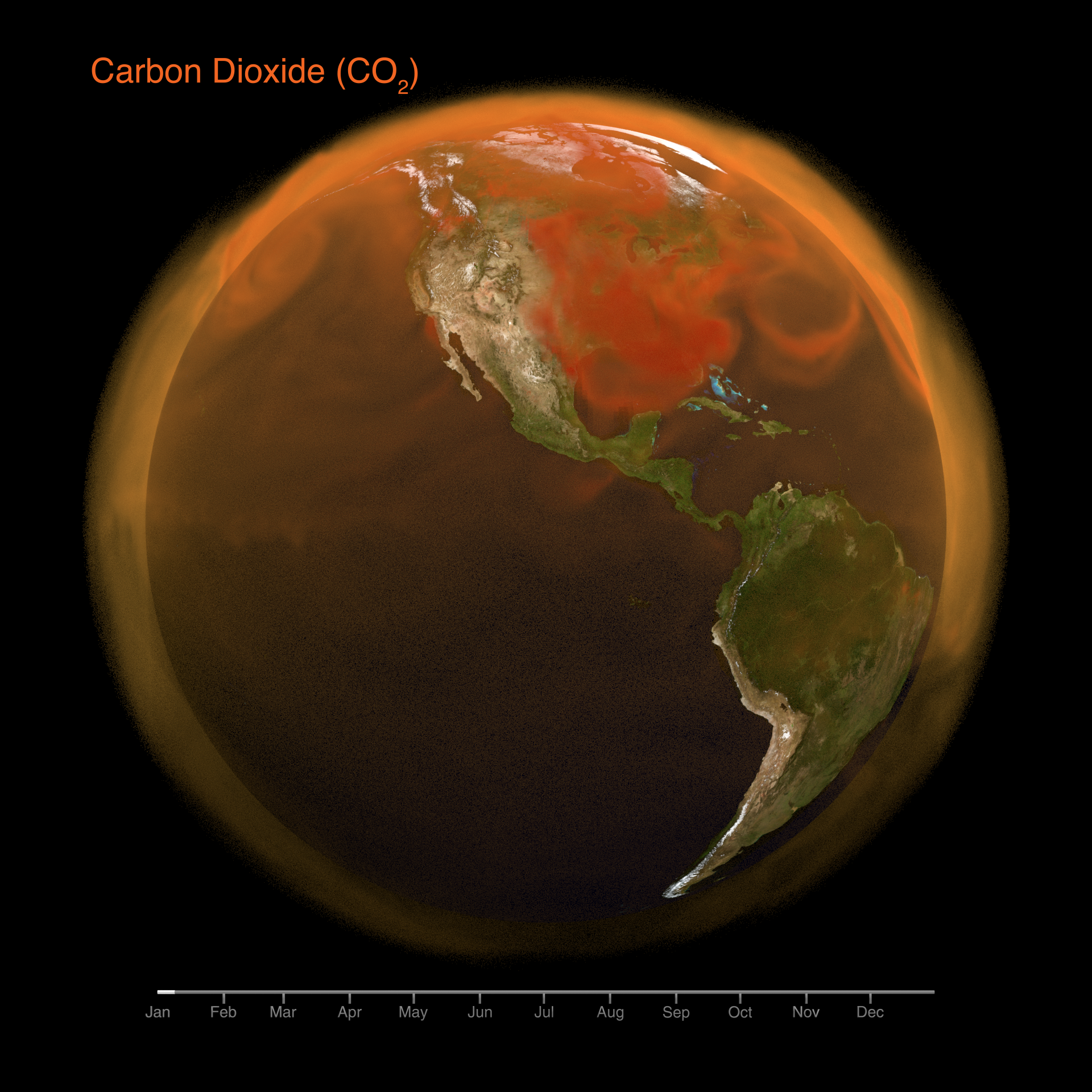 A Globe that is primarily facing the Americas and Pacific Ocean with an atmospheric overlay showing CO2 concentrations, with dense swirls over the United States