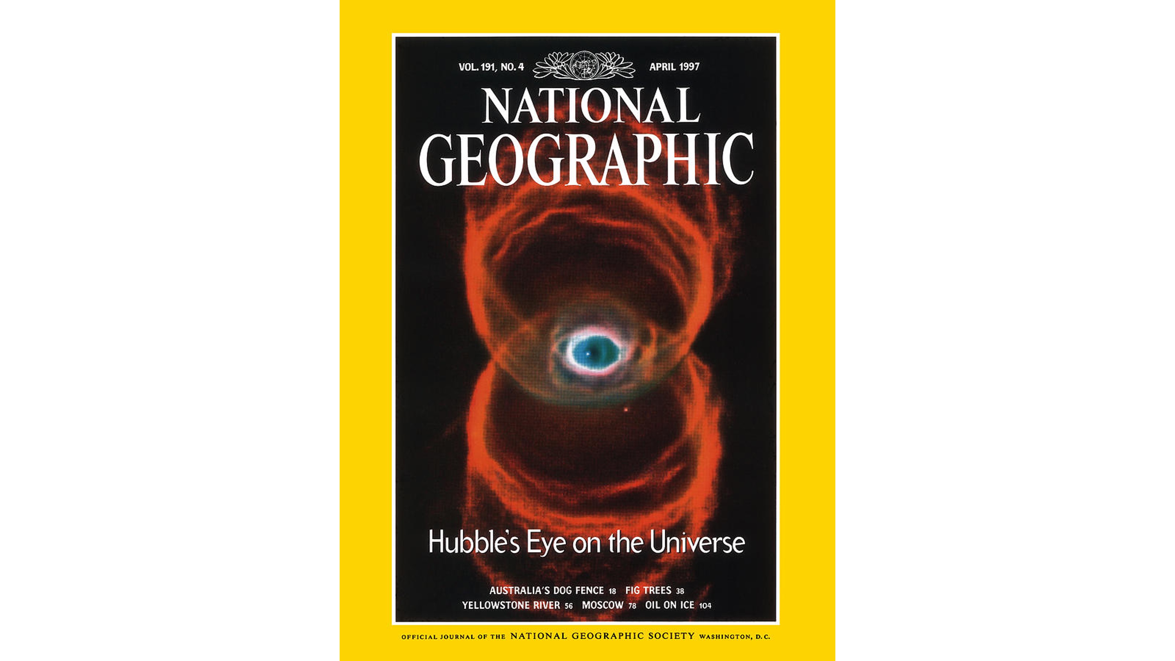 Cover of National Geographic Magazine with Hubble nebula image on it.