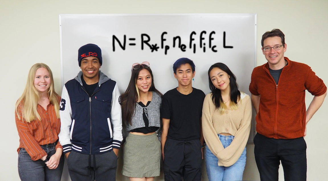 Group photo of 6 people standing under a math equation on the board.