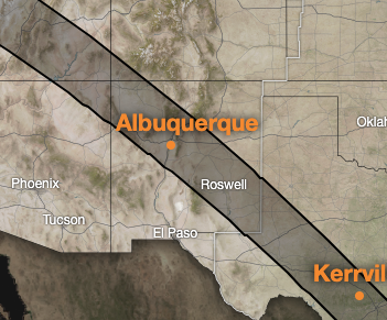 A map zoomed in on New Mexico, with Albuquerque written in orange, and a gray band crossing from the top left to bottom right of the state.