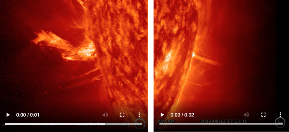 Left: On the right hand side we see a partial view of the Sun’s surface, with black space on the left. A wide, ragged, curling, dragon-shaped jet (it looks like it has two ears and a snout) extends halfway across the image. Below it, two much narrower and straighter jets run from the Sun’s surface left into space.  Right: On the left we see a partial view of the Sun’s surface covered in red and orange ragged spots. On the right is the dark black of space. A bright streak sticks out from the Sun’s surface, fading from bright yellow at the surface to pale red at its farthest point. 