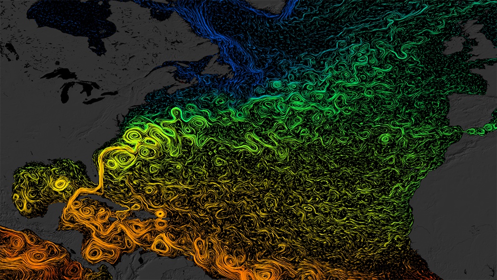 Visualization of ocean currents in the North Atlantic. The colors show sea surface temperature (orange and yellow are warmer, green and blue are colder). Credit: NASA Goddard Space Flight Center