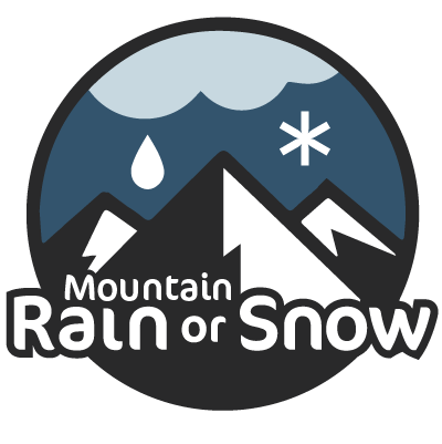 Mountain Rain or Snow logo. In a grey-blue circle, we see a cartoon of snow-capped mountains under a storm cloud, with a rain drop on one side and a snowflake on the other. The color palette is white, grey-blue, to black. Across the bottom of the circle and extending outside of the circle are the worlds Mountain Rain or Snow.