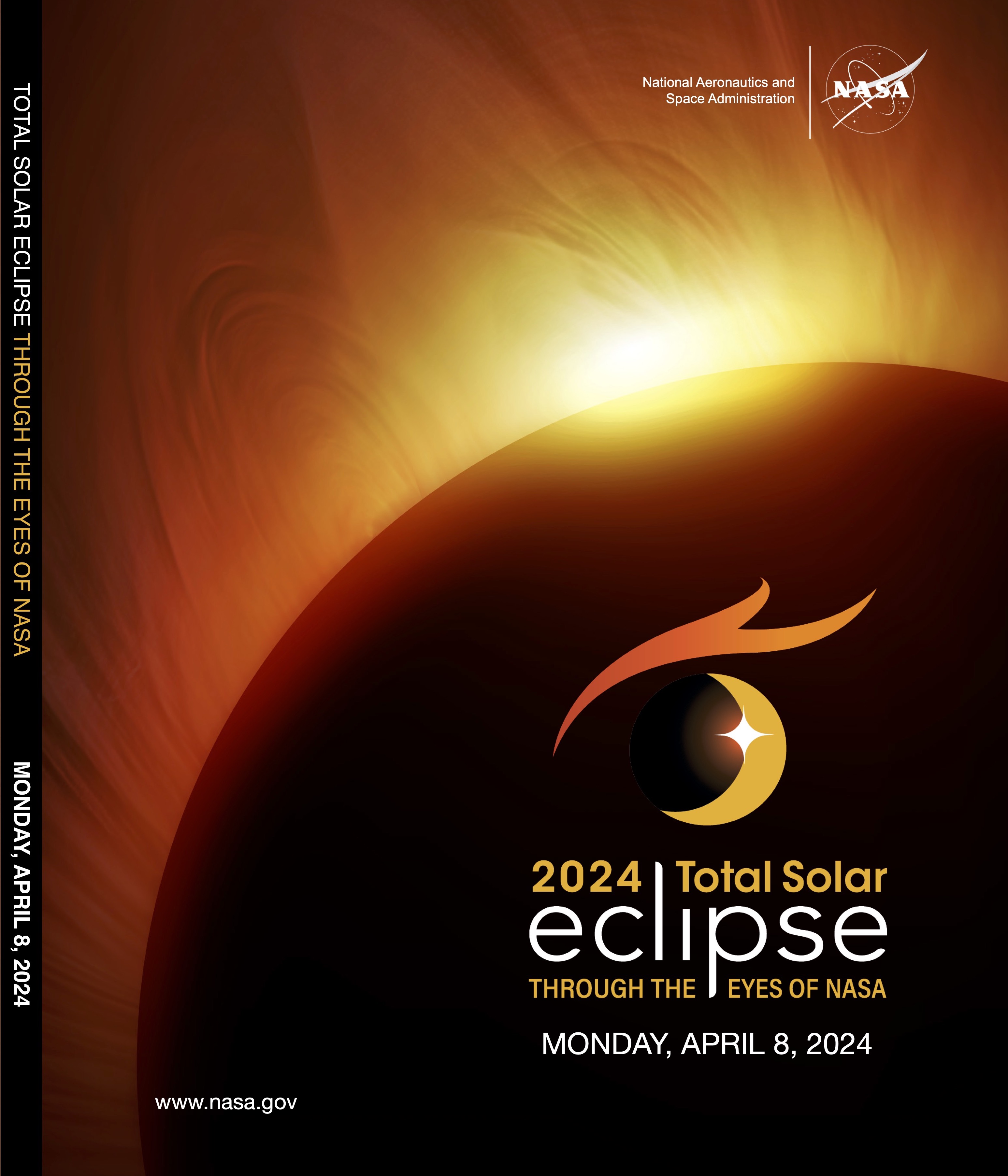 The total solar eclipse folder, which is a dark red and orange. On the right, is the eclipse identifier, which reads "2024 Total Solar Eclipse Through the Eyes of NASA" on top of an illustration of an eclipse.