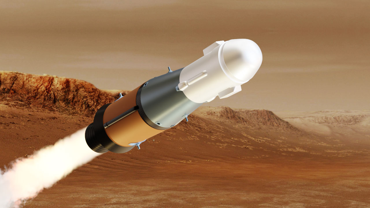 This illustration shows NASA's Mars Ascent Vehicle (MAV) in powered flight. The MAV will carry tubes containing Martian rock and soil samples into orbit around Mars, where ESA's Earth Return Orbiter spacecraft will enclose them in a highly secure containment capsule and deliver them to Earth.