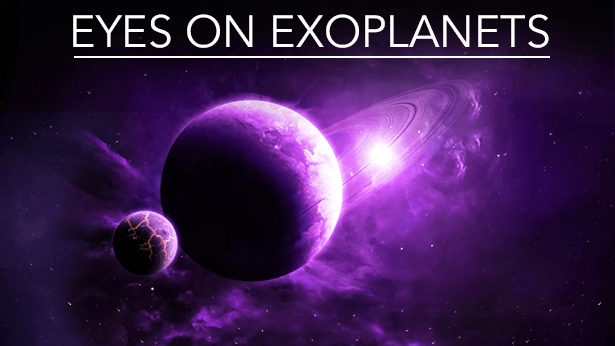 Eyes on the Exoplanets banner displaying an hypothetical exoplanet with its moon and a star in the distance,