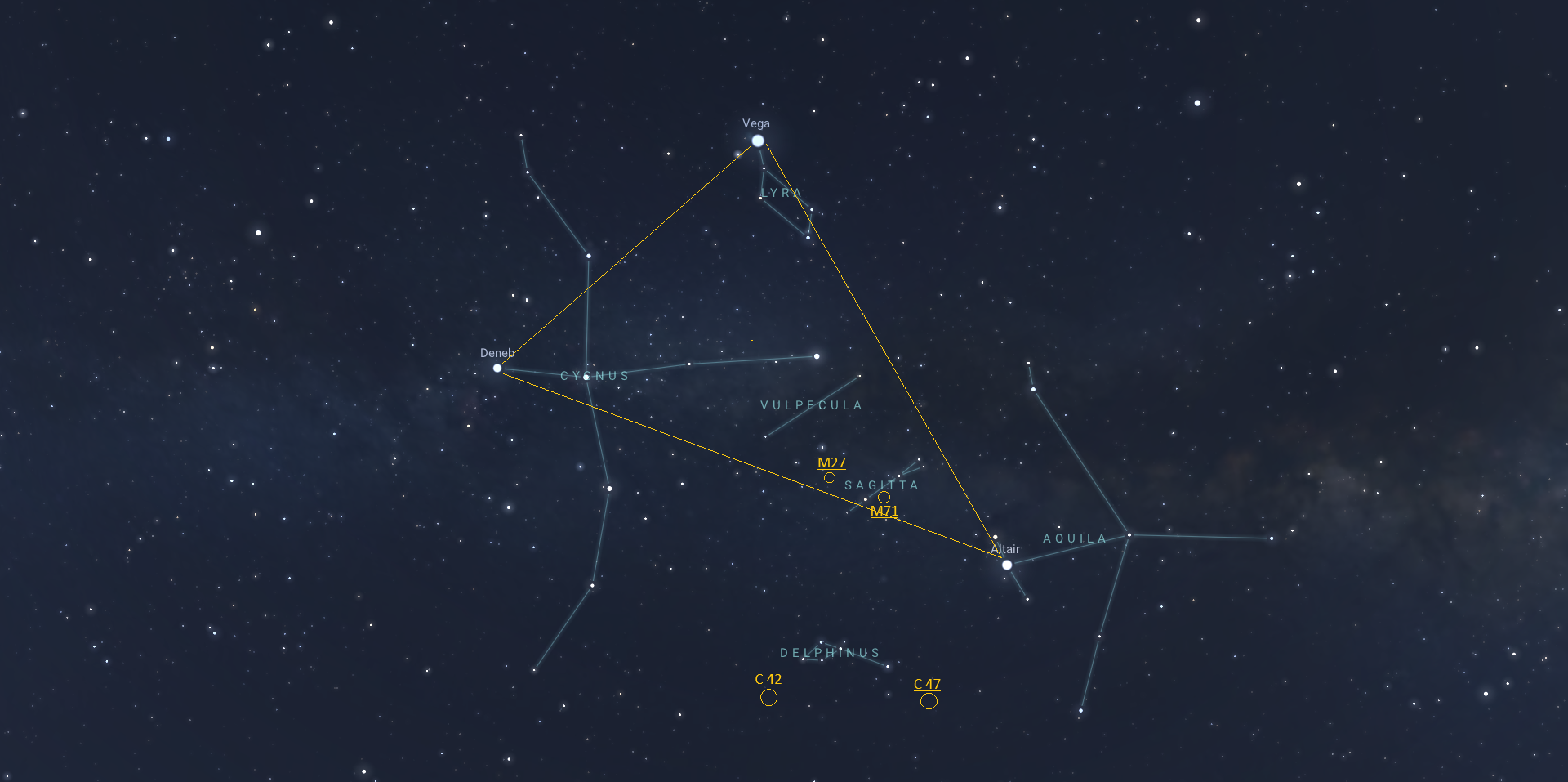 Image of the constellations Cygnus, Lyra, Aquila, Vulpecula, Sagitta, and Delphinus in the night sky.