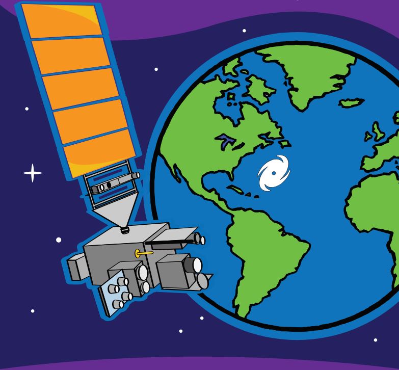 cartoon representation of GOES-R satellite with earth in background with hurricane.