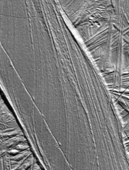 A gray band is seen on the surface of Europa.