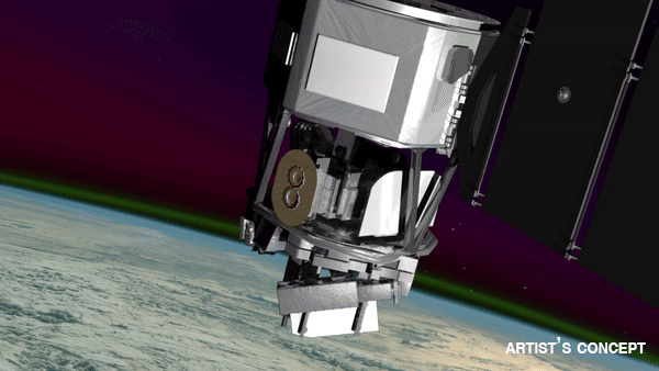 ICON, shown in this artist’s concept, studied the frontiers of space, the dynamic zone high in our atmosphere where terrestrial weather from below meets space weather above.