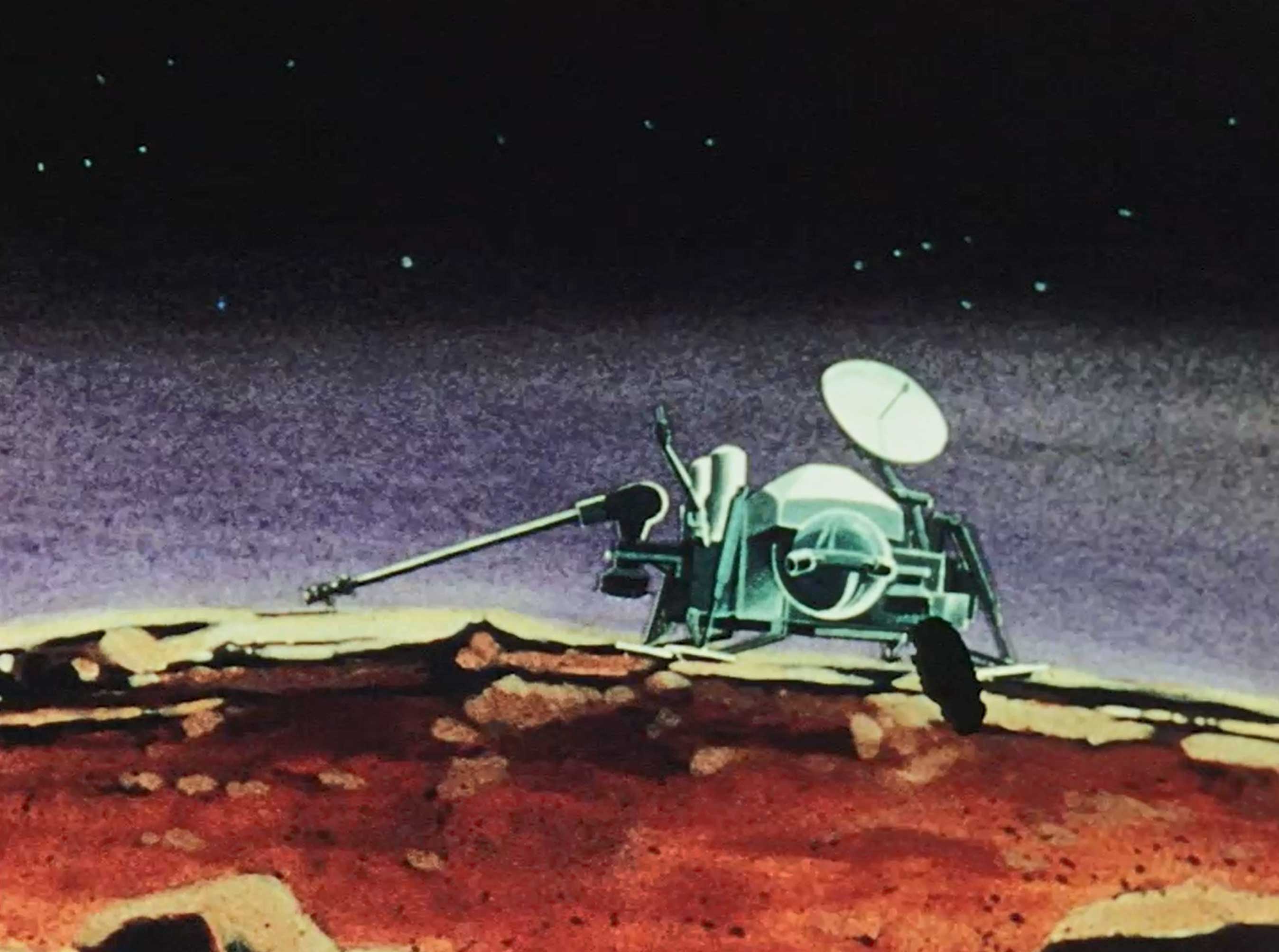 A retro handpainted illustration of a Viking lander extending its robotic arm on the surface of Mars.