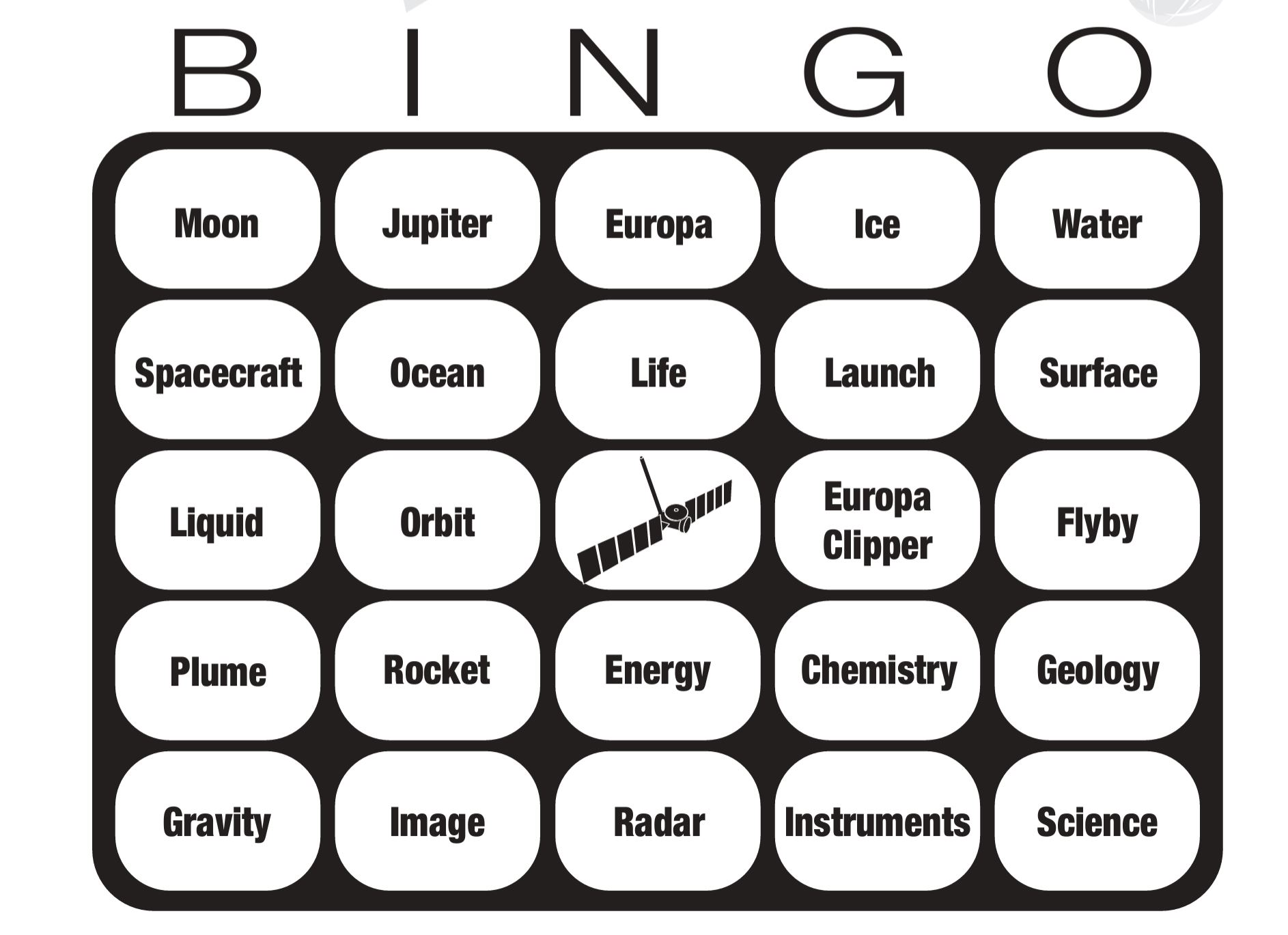 Image of a BINGO card for the Europa Clipper launch.