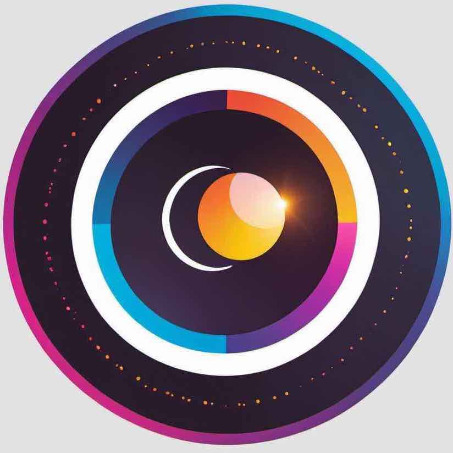 Eclipsing Binary Project logo A black circle is surrounded by a multi-color (turquoise to fuchsia) band. Inside from the band is a ring of colorful, small dots. Inside from the dotes is a white ring. Inside that ring is a four color band, each color occupying one quarter of the band. Inboard of that is black. In the middle of this black is a gold and orange circle.