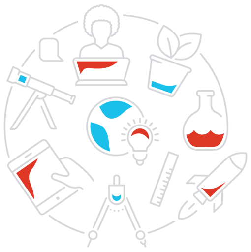 A circular illustration representing various STEM elements. The center contains a globe, and surrounding it are icons depicting a person using a laptop, a potted plant, a telescope, a smartphone or tablet, a compass, a lightbulb, a ruler, a rocket, and a flask, all outlined in white with red and blue accents.