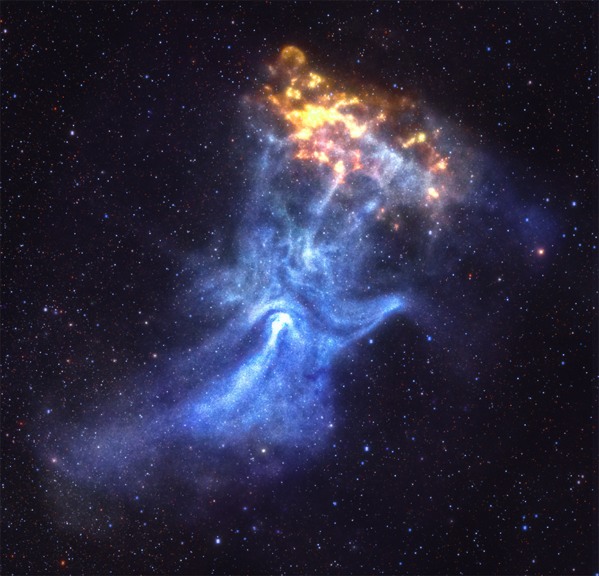 In this composite image, a pulsar, a pulsar wind nebula, and a low energy X-ray cloud combine to create an uncanny scene of a skeletal hand preparing to grab a glowing ember. The hand reaches up from the bottom of the image, the ghostly blue flesh and white bones representing pulsar wind nebula X-rays observed by Chandra. A bright white spot in the wrist is the pulsar itself. Just beyond the hand’s fingertips, near our upper right, is a mottled yellow and orange shape that appears to glow from within. This is the low energy X-ray cloud observed by Chandra.