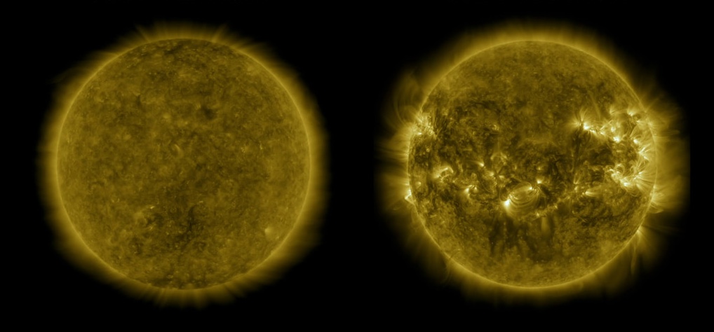 On the left, the Sun shown in gold. It's fairly uniform. On the right, the Sun in gold has several bright active regions.